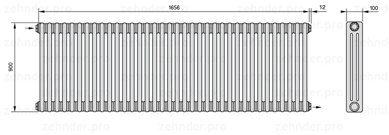 Схема (чертеж) Радиатор Zehnder Charleston 3090/36 №1670 Белый глянцевый RAL 9016